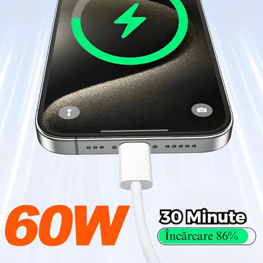 Cablu USB-C la USB-C PD 60W, Transfer Date si Incarcare Rapida - SuperFastCharge 25/45W, pentru iPhone 15/16/17, Plus, Pro & ProMax, Samsung, Tableta, cu Protectie la Supratensiune, compatibil CarPlay, TEXTIL PREMIUM, Type C, Alb, 1m