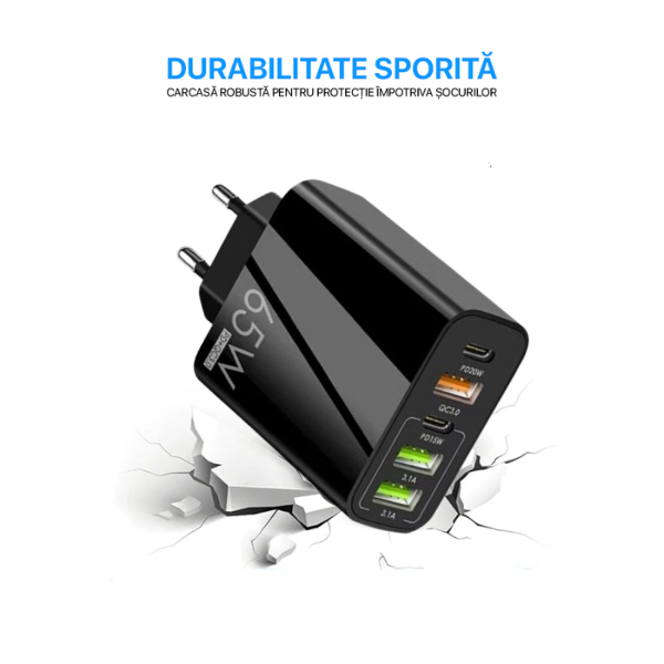 Incarcator Retea, 5 Porturi, 65W Fast Charge, 3 x USB, 2 x Type-C