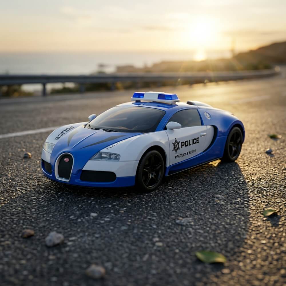 Masinuta de politie cu telecomanda, transformare automata in robot, lumini si sunete, 24 cm, jucarie interactiva pentru copii, Alb/Albastru