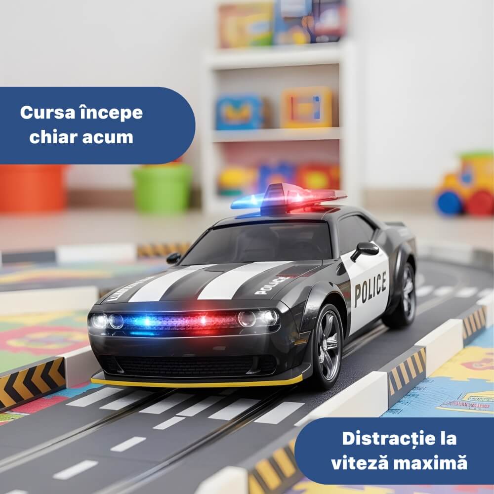 Masinuta cu Telecomanda, RC Drift Police Car, 1:24, 2.4GHz, Tractiune Integrala, 2 Seturi Anvelope (Speed & Drift), Obstacole Incluse, Baterie Reincarcabila, Jucarie Cadou Ideal pentru Copii si Adulti, Negru