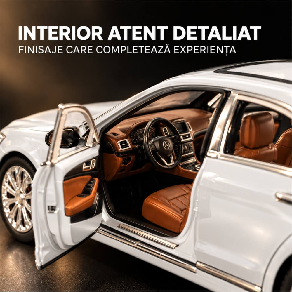 Macheta Masina Metalica Limuzina de Lux Mercedes E-Class L, Scara 1:24, Lumini LED si Sunete, Mecanism Pull-Back, Usi, Capota si Portbagaj Care Se Deschid