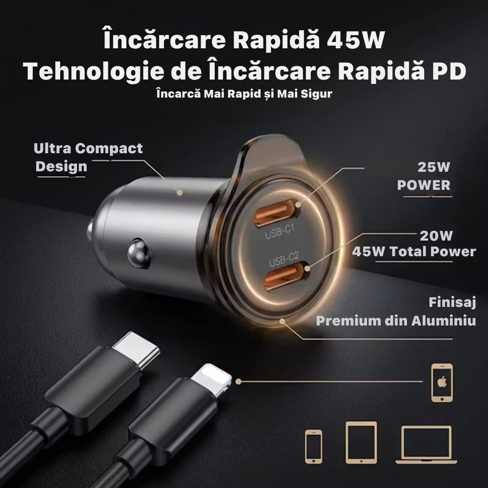 Incarcator auto NZ16B 45W Mini Size High Power PD25W & PD20w, Gri/Negru