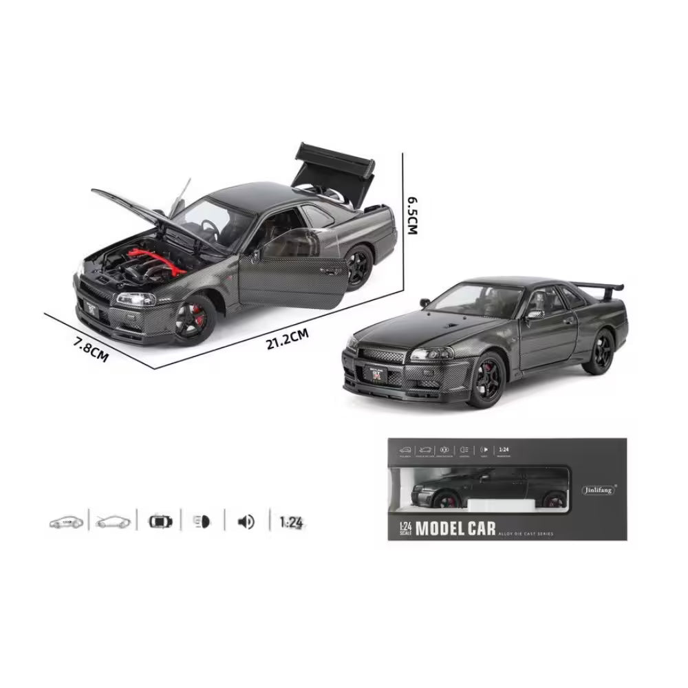 Masinuta Metalica Nissan Skyline GT-R, Scara 1:24, Usi, Capota si Portbagaj Functionale, Lumini si Efecte Sonore, Model Die-Cast, Cadou pentru Baieti si Colectionari, Negru