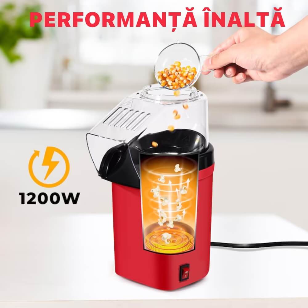 Aparat cu Aer Cald de facut Popcorn DigikalaX®, fara Ulei, 3min Preparare 1200W, Recipient dozator Boabe, Rosu