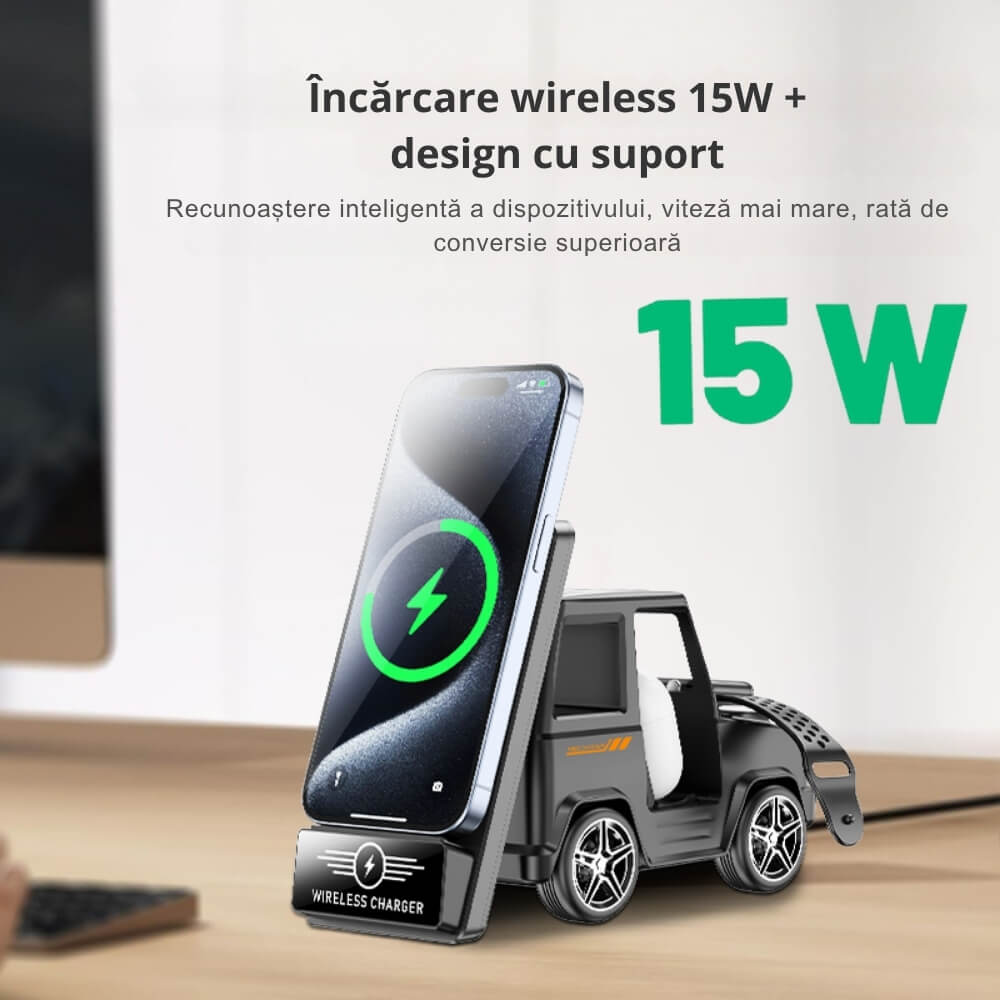 Incarcator Wireless DigikalaX®Qi, Model G-Wagon Design, Statie de Incarcare 3 in 1, Functie Incarcare rapida 15W, Compatibilitate Universala cu Apple, Samsung, Xiaomi, Huawei, Airpods, Apple Watch, Gri