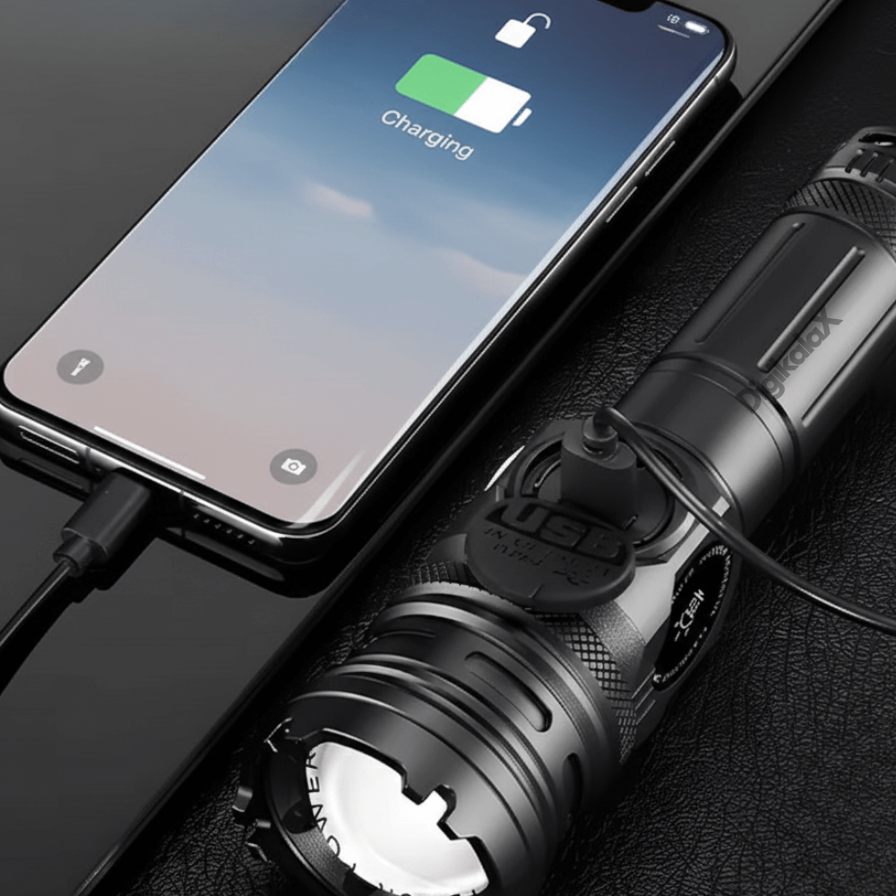 Lanternă Tactică LED Reîncărcabilă, Zoom Telescopic, Afișaj Digital, Magnet și Funcție Power Bank