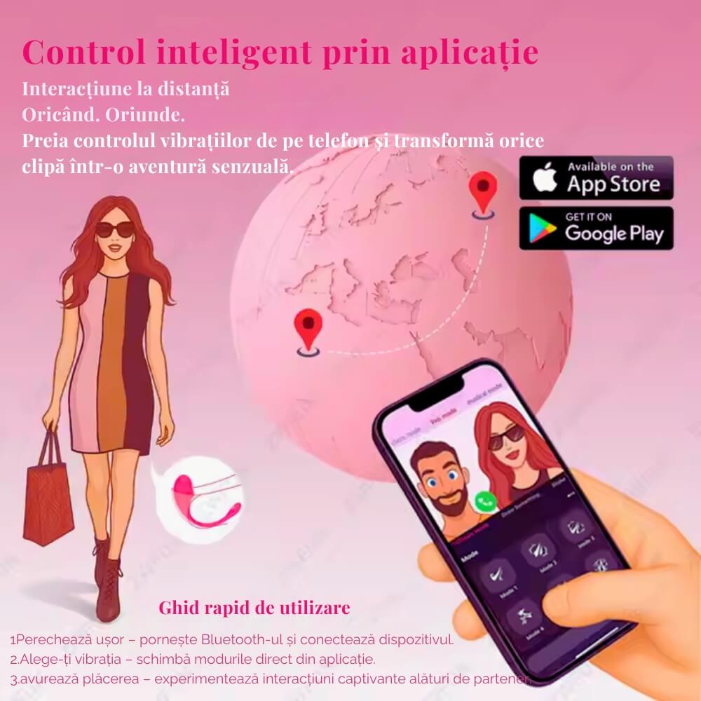 Vibrator Bluetooth cu control prin aplicatie, DrKala®, Stimulare clitoris si punct G, 9 moduri vibratii, silicon premium, rezistent la apa, Roz