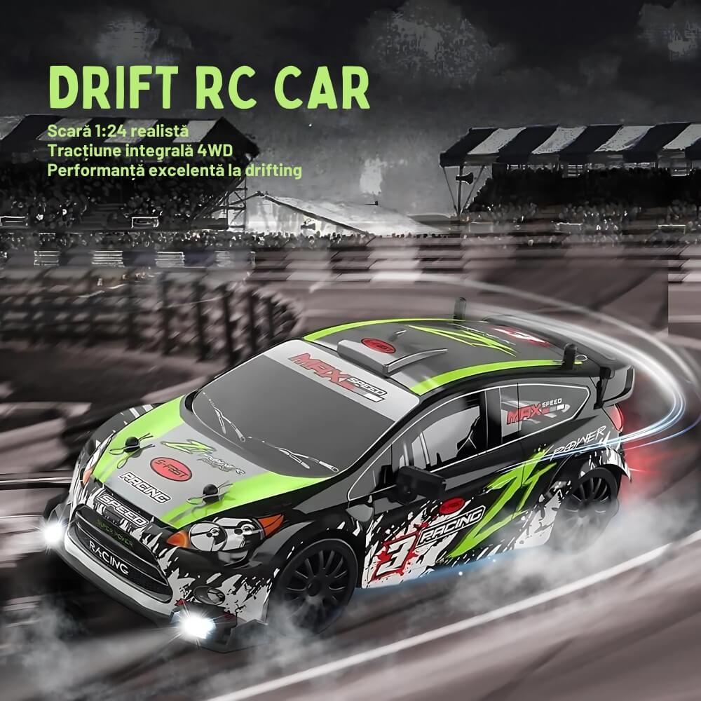 Masinuta cu Telecomanda, Model Ford Rally, RC Drift Car, 1:24, 2.4GHz, Tractiune Integrala, 2 Seturi Anvelope (Speed & Drift), Obstacole Incluse, Baterie Reincarcabila, Verde/Negru