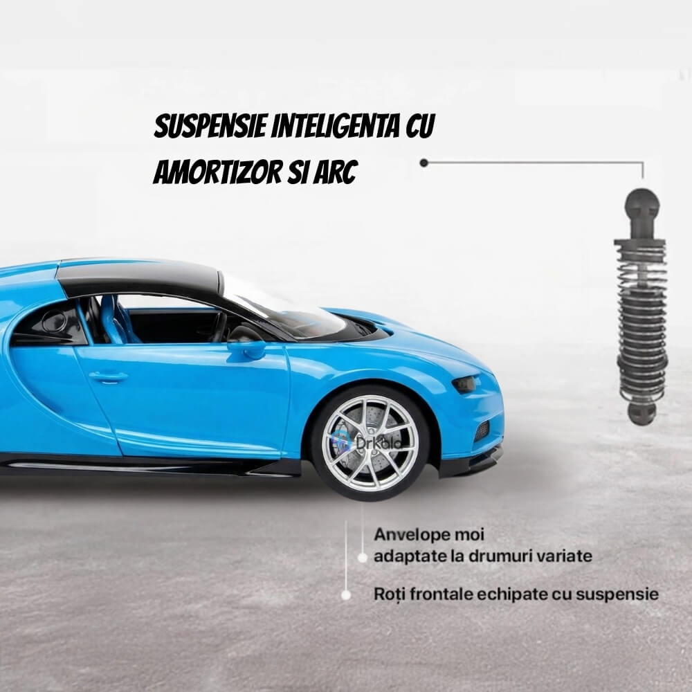 Masinuta cu telecomanda, Model Bugatti Chiron, Set cu pedale si volan, Design Sportiv, Jucarie Cadou Ideal pentru Copii si Adulti +5 ani, Albastru