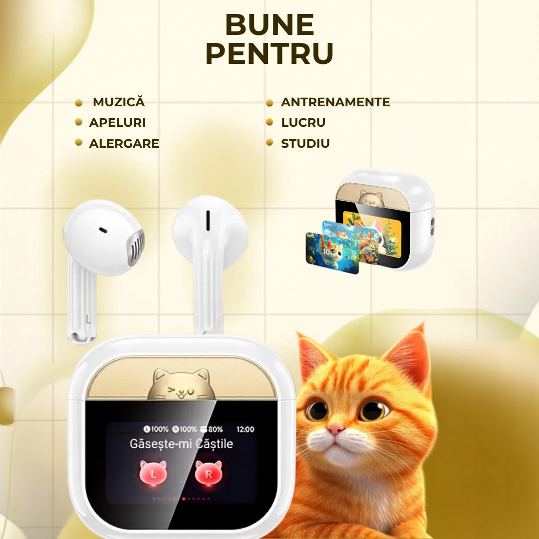 Căști Wireless Bluetooth 5.4 cu Display Smart, Microfon Încorporat, Căști Fără Fir pentru Android și iOS, Control Tactil, Încărcare Type-C, Alb