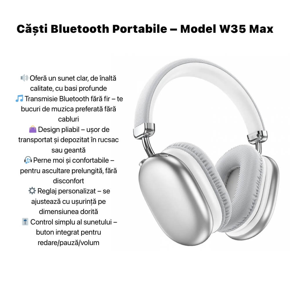 Casti Wireless Stereo Headphones On Ear W35 Comfortable 90H , Bluetooth, Digital Kala, GRI