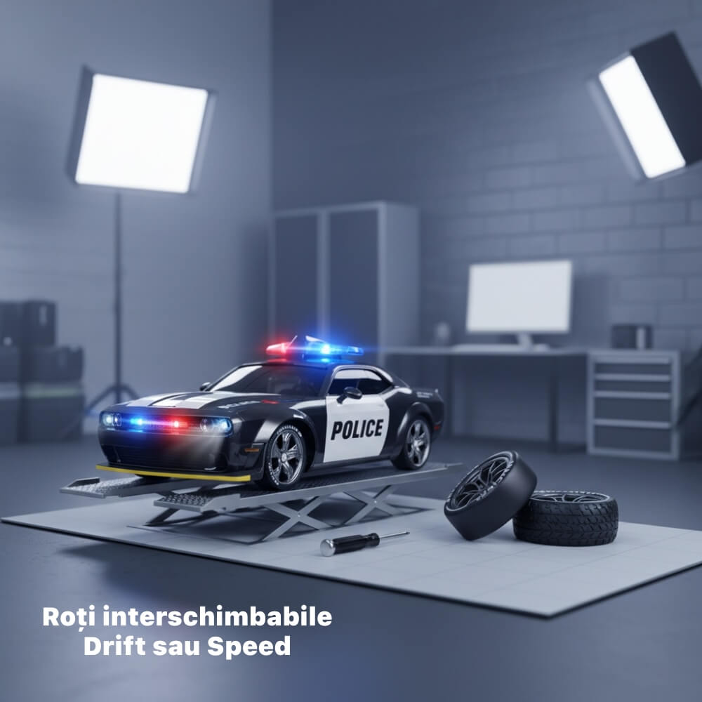 Masinuta cu Telecomanda, RC Drift Police Car, 1:24, 2.4GHz, Tractiune Integrala, 2 Seturi Anvelope (Speed & Drift), Obstacole Incluse, Baterie Reincarcabila, Jucarie Cadou Ideal pentru Copii si Adulti, Negru