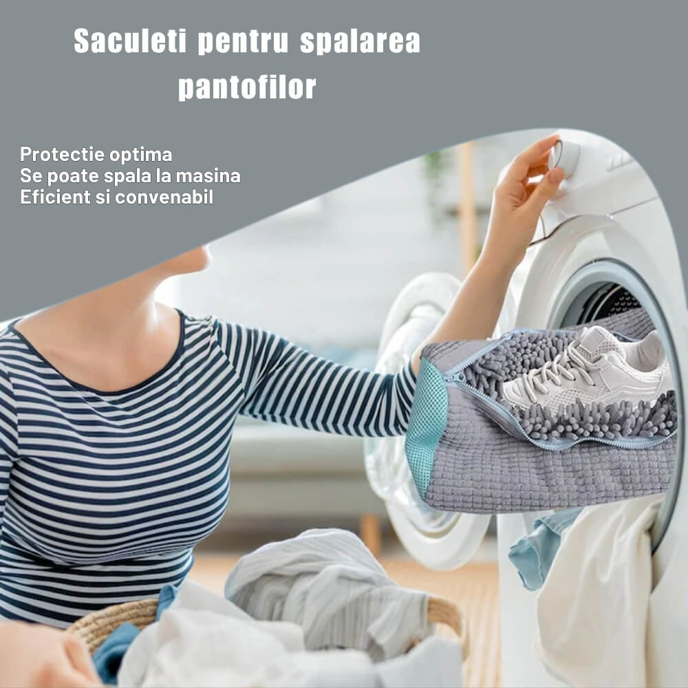 Sac spalare incaltaminte masina de spalat - Protectie pantofi si adidasi, Material rezistent, Fermoar premium, Curatare sigura, 39x19 cm, Gri