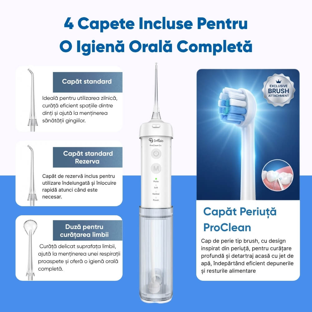 Irigator Bucal Profesional tip Dus Bucal Portabil DrKala® ProClean Go, pliabil, 4 moduri de curatare, pana la 1999 pulsatii/min, rezervor 210 ml, baterie 1500 mAh, 4 capete incluse, Rezistent la apa IPX7, incarcare USB-C, Alb