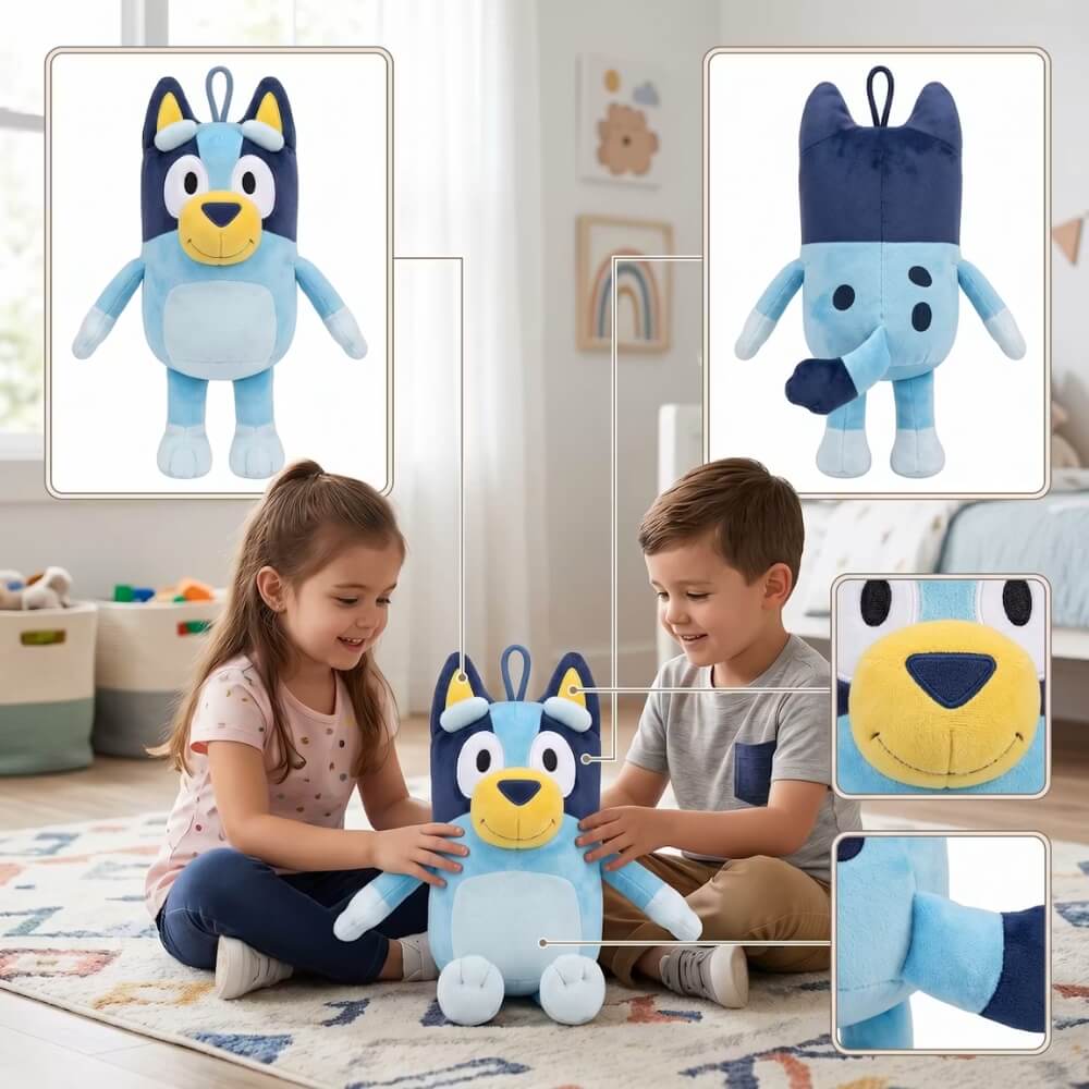 Jucarie de plus Bluey si Bingo, personaj Bluey, Albastru, 28 cm, cu agatatoare, cadou ideal, DrKala