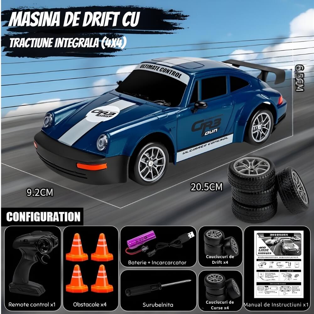 Masinuta cu Telecomanda, Porsche Vintage RC Drift Car, 1:24, 2.4GHz, 20 km/h, Tractiune Integrala, 2 Seturi Anvelope (Speed & Drift), Obstacole Incluse, Baterie Reincarcabila, Albastru