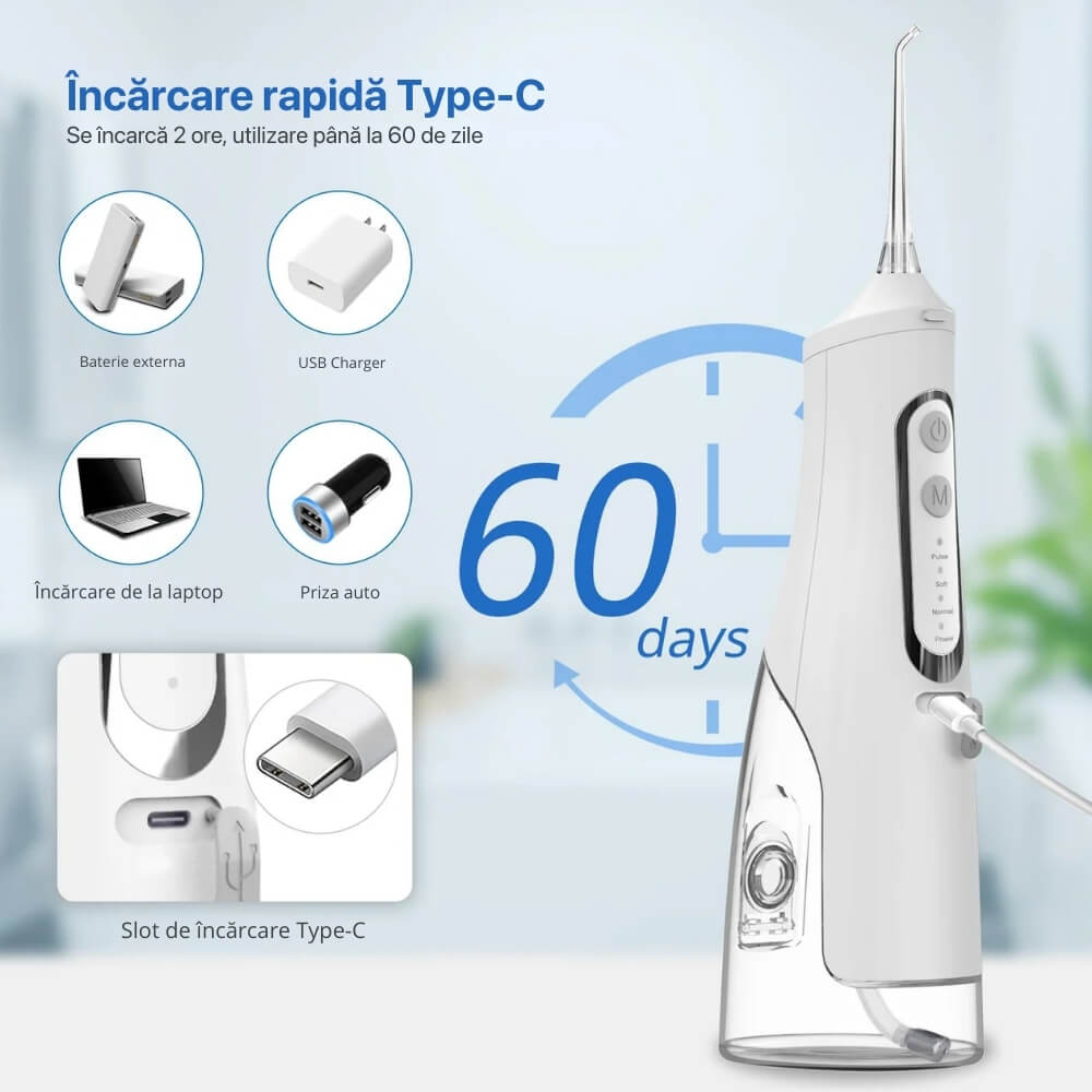 Irigator Bucal Profesional, DrKala®, Dus Bucal Portabil, 1600-1999 pulsatii/min, 4 Moduri, Memorie, Rezervor 310ml, 4 Duze, Alb