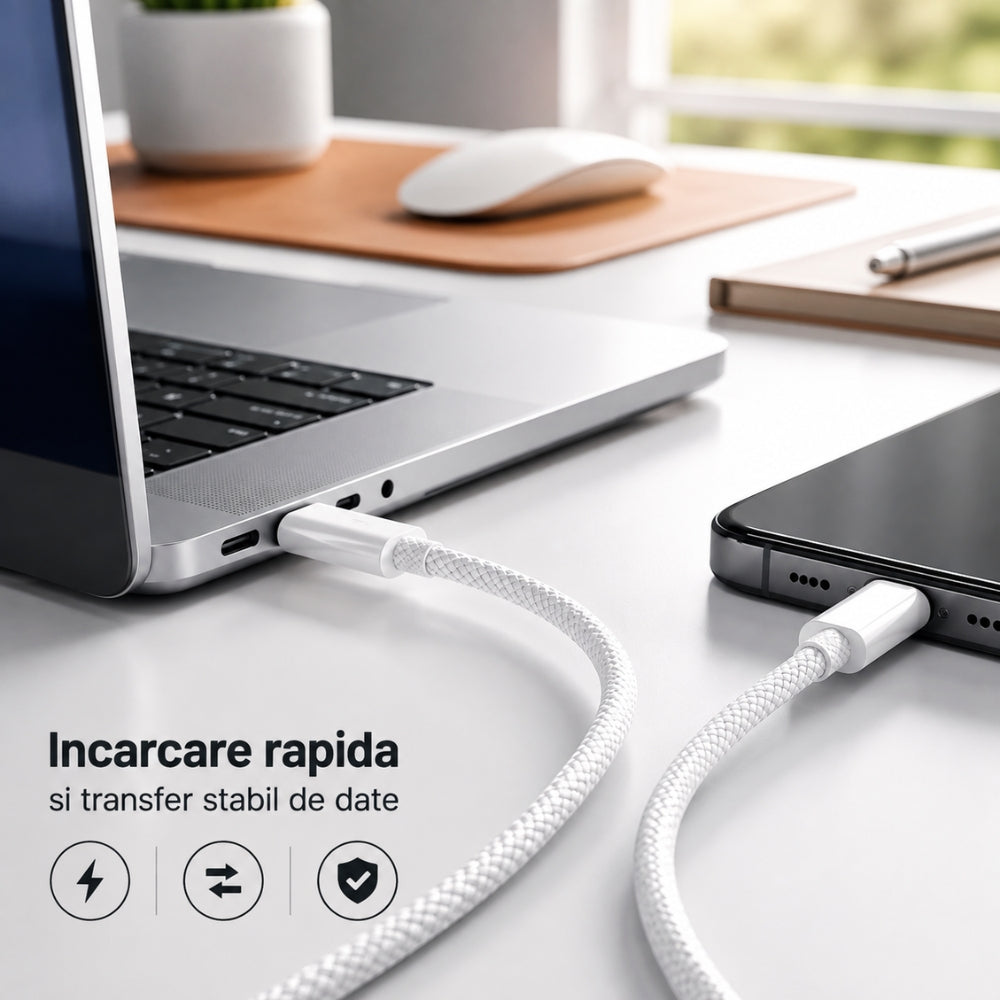 Cablu USB-C la USB-C PD 60W, Transfer Date si Incarcare Rapida - SuperFastCharge 25/45W, pentru iPhone 15/16/17, Plus, Pro & ProMax, Samsung, Tableta, cu Protectie la Supratensiune, compatibil CarPlay, TEXTIL PREMIUM, Type C, Alb, 1m
