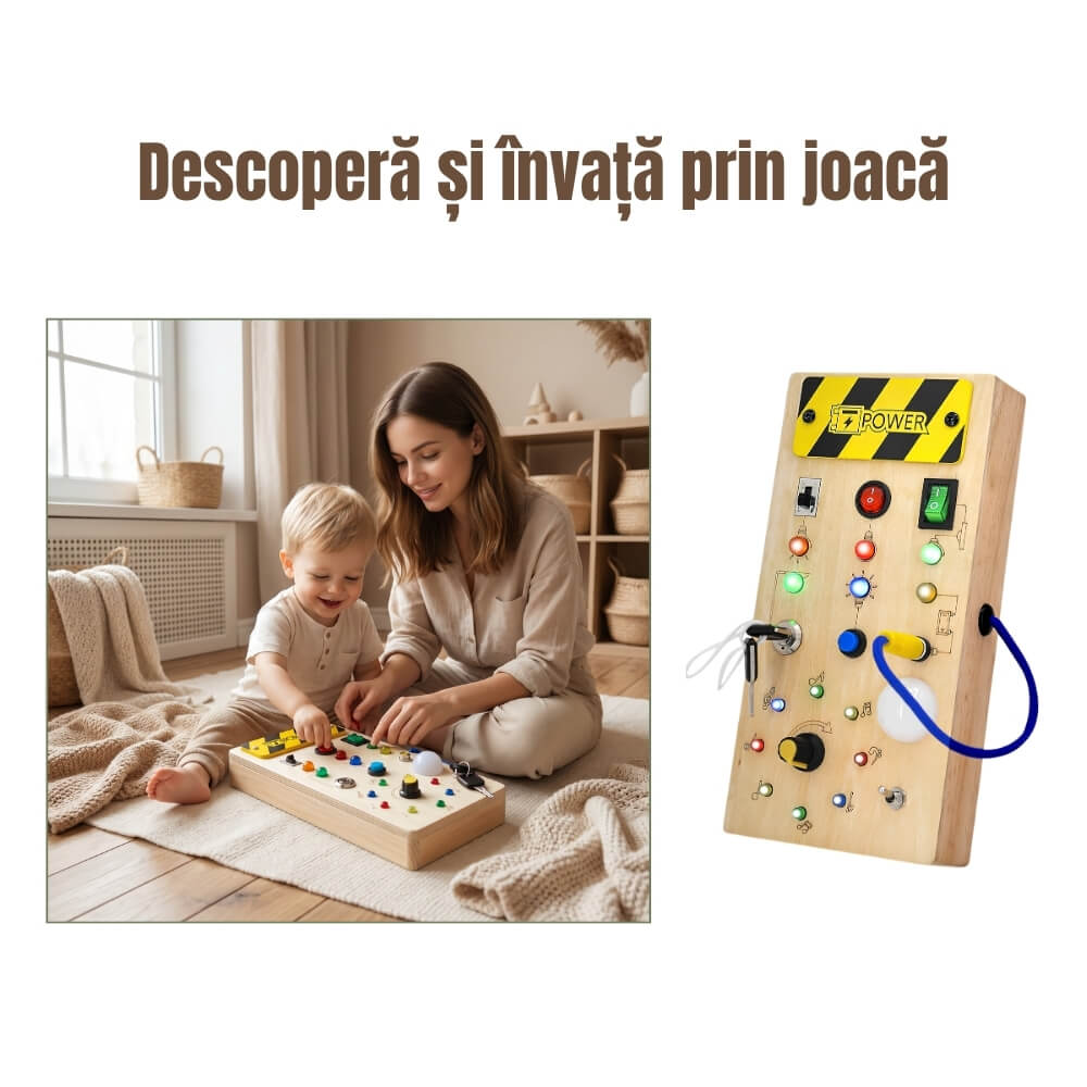 Jucarie Montessori Busy Board cu LED, Placa Senzoriala Educativa pentru Copii, Activitati Motricitate Fina, Lemn, Multicolor
