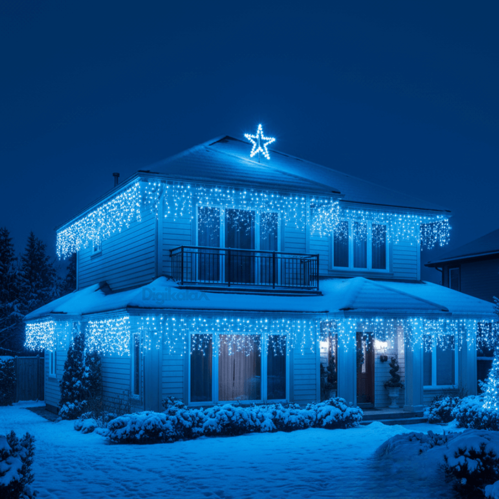 Instalație Luminoasă Tip Țurțuri, 12m, 300 LED-uri Albastre – Decor Exterior pentru Sărbători
