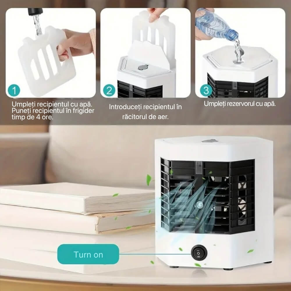 Mini Aer Conditionat Portabil USB, Racitor de Aer cu Rezervor de Apa, 2 Trepte de Viteza, Silentios, LED Ambiental, Include 2 Rezerve de Gheata si Cablu de Incarcare, Alb