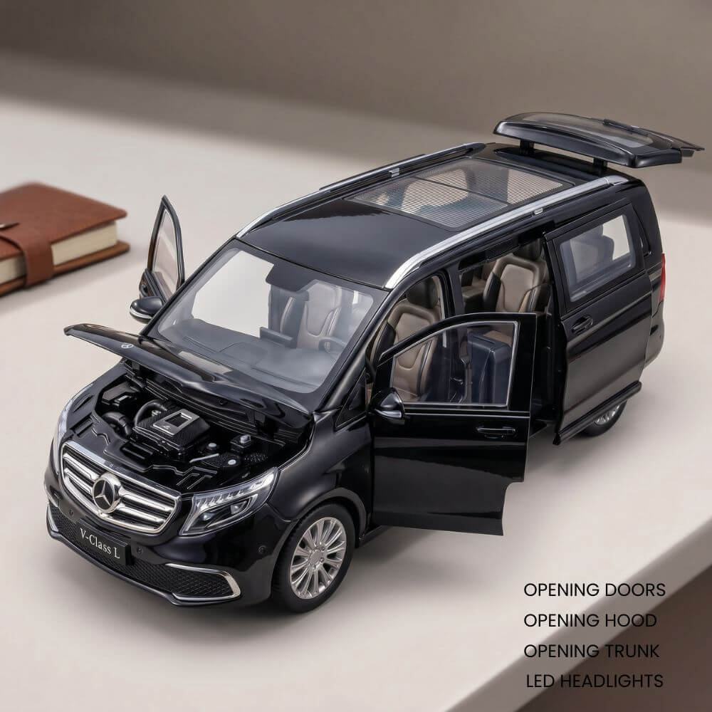 Masinuta Metalica Mercedes Vito, Scara 1:24, Usi si Portbagaj Mobile, Lumini Xenon, Sunete Claxon, Cadou Baiat, Alb