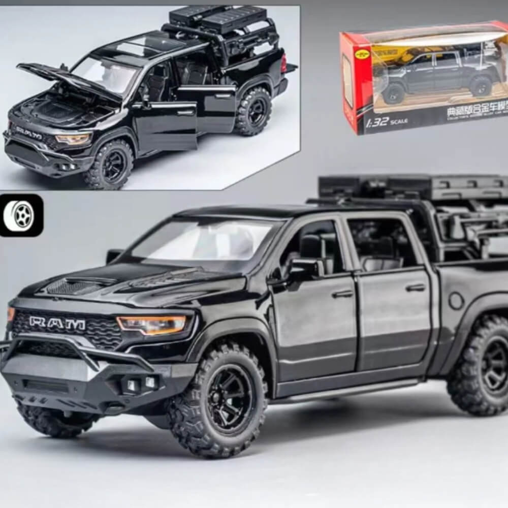 Masinuta Metalica Dodge RAM TRX Mammoth 1000, Scara 1:32, Usi Mobile, Functie Pull-Back, Negru/Rosu