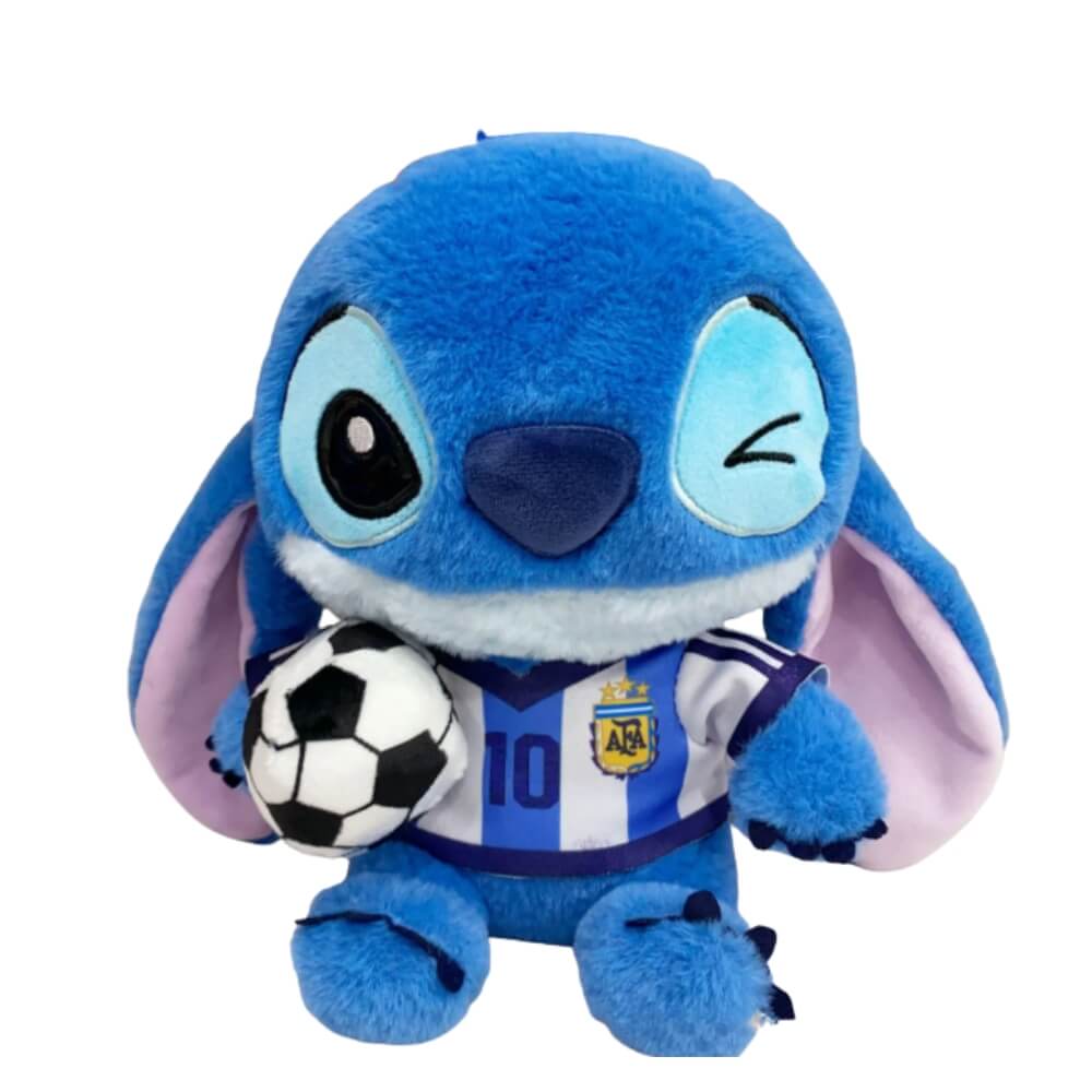 Jucarie de Plus Stitch Fotbalist 30 cm, Editie Speciala Campionatul Mondial, cu Minge si Tricou Nationala (Argentina, Brazilia, Italia, Croatia)