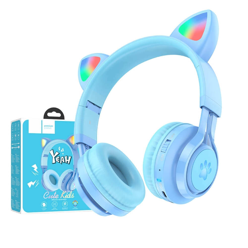 Casti Wireless Copii cu Urechi de Pisica, Pliabile, LED-uri RGB Distractive, Bluetooth, Microfon, Slot card, Functie Protectie Volum Copii, DigikalaX®, Conectare cablu AUX, Albastru Deschis