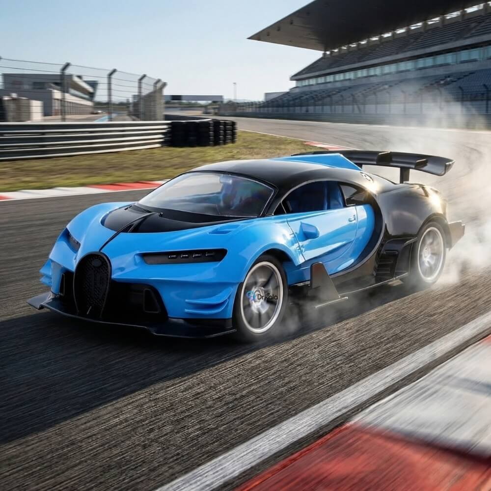 Masinuta cu telecomanda, Model Bugatti Chiron, Set cu pedale si volan, Design Sportiv, Jucarie Cadou Ideal pentru Copii si Adulti +5 ani, Albastru