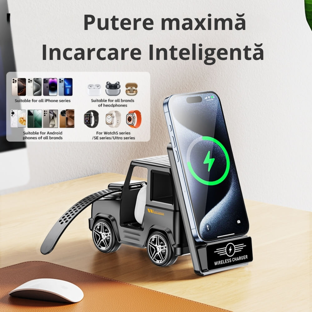 Incarcator Wireless DigikalaX®Qi, Model G-Wagon Design, Statie de Incarcare 3 in 1, Functie Incarcare rapida 15W, Compatibilitate Universala cu Apple, Samsung, Xiaomi, Huawei, Airpods, Apple Watch, Gri