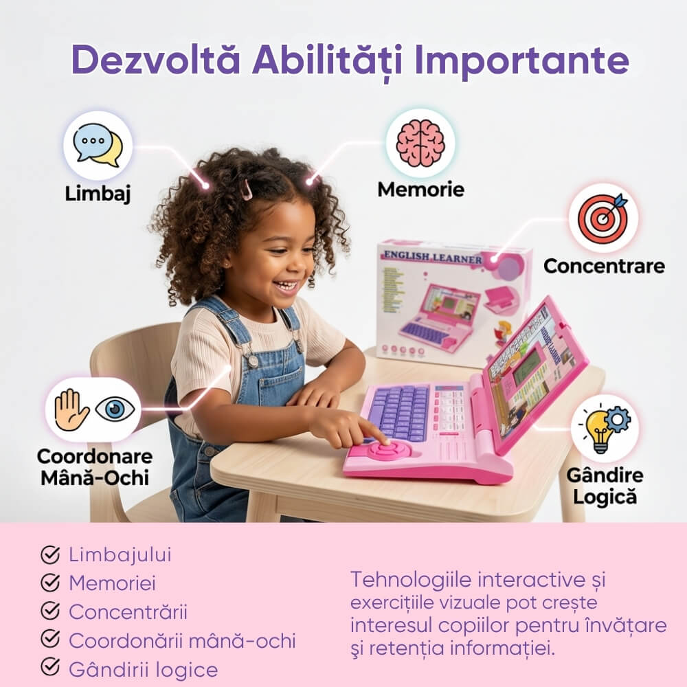 Laptop educational copii English Learner, limba engleza, alfabet, numere, muzica, jocuri interactive, ecran de desen, taste mari, roz