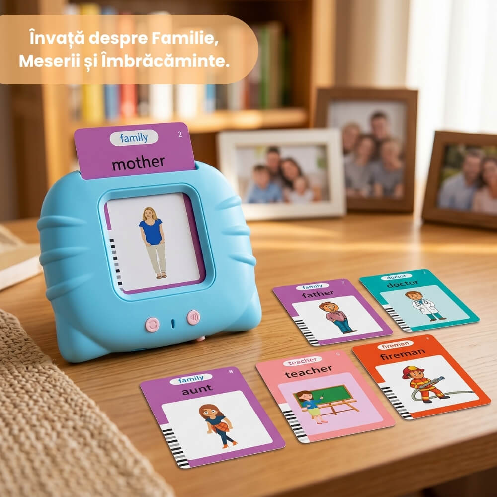 Jucarie Educativa Interactiva pentru Copii, Cititor Carduri cu 224 Cuvinte in Engleza, Invatare prin Joaca, Vocabular, Animale, Fructe, Masini, Reincarcabil USB, Albastru / Roz