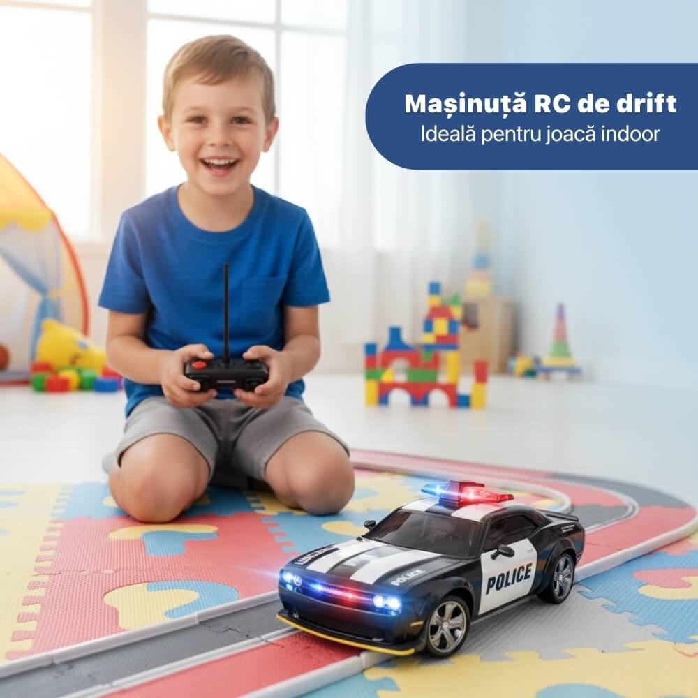 Masinuta cu Telecomanda, RC Drift Police Car, 1:24, 2.4GHz, Tractiune Integrala, 2 Seturi Anvelope (Speed & Drift), Obstacole Incluse, Baterie Reincarcabila, Jucarie Cadou Ideal pentru Copii si Adulti, Negru