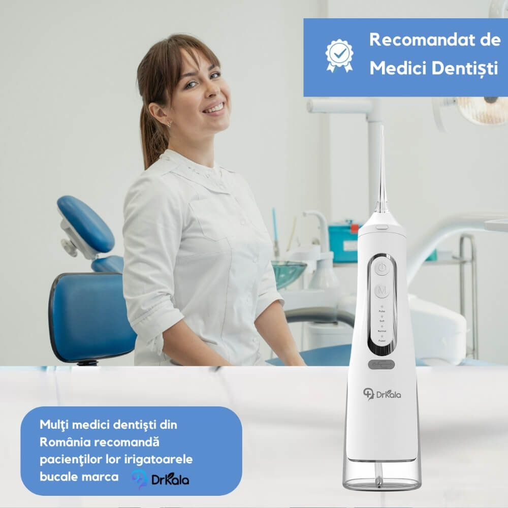Irigator Bucal Profesional, DrKala®, Dus Bucal Portabil, 1600-1999 pulsatii/min, 4 Moduri, Memorie, Rezervor 310ml, 4 Duze, Alb