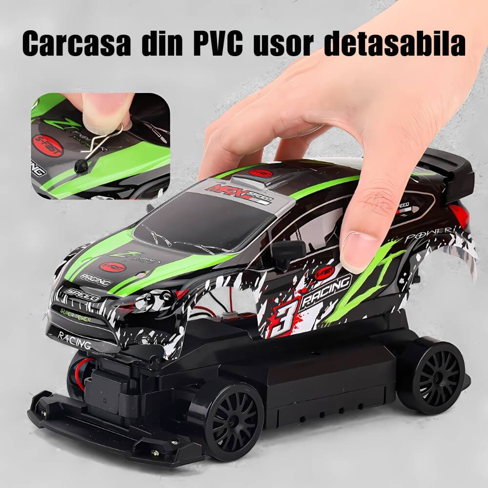 Masinuta cu Telecomanda, Model Ford Rally, RC Drift Car, 1:24, 2.4GHz, Tractiune Integrala, 2 Seturi Anvelope (Speed & Drift), Obstacole Incluse, Baterie Reincarcabila, Verde/Negru