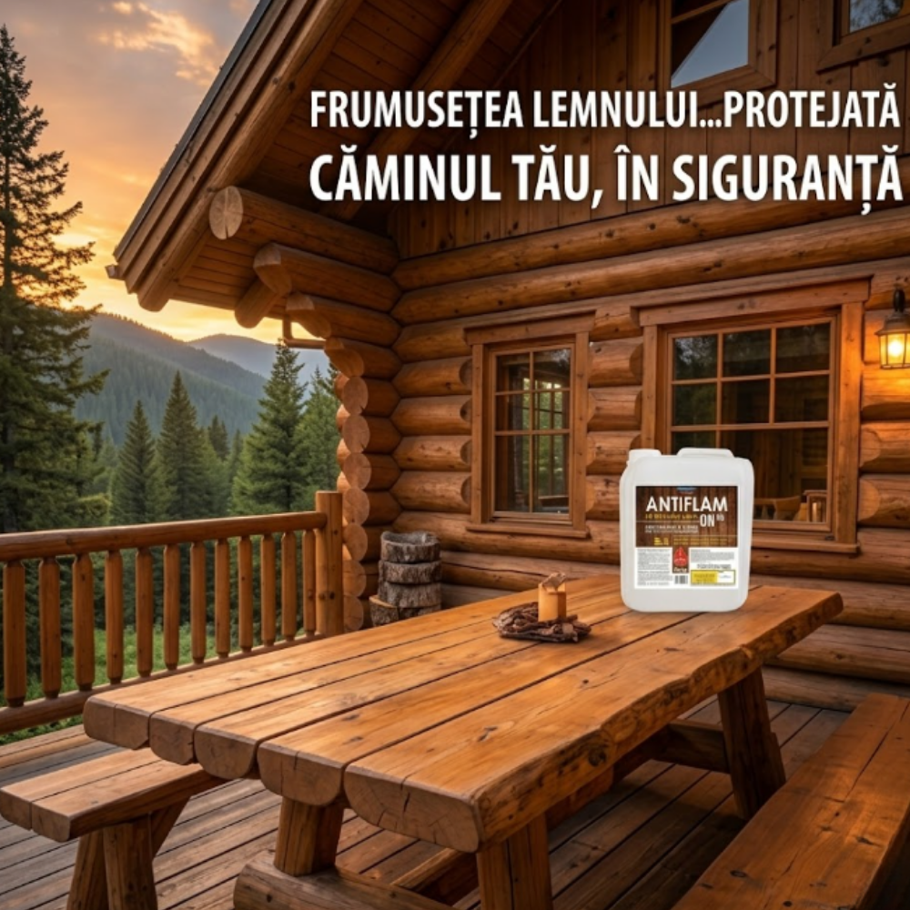 Solutie Profesionala Ignifuga ANTIFLAM O.N. 99 pentru Lemn si PAL, Garantie 5 Ani, Protectie 3 in 1 (Foc, Mucegai, Insecte), Certificat IGSU, Fabricat in Romania, 10 Kg