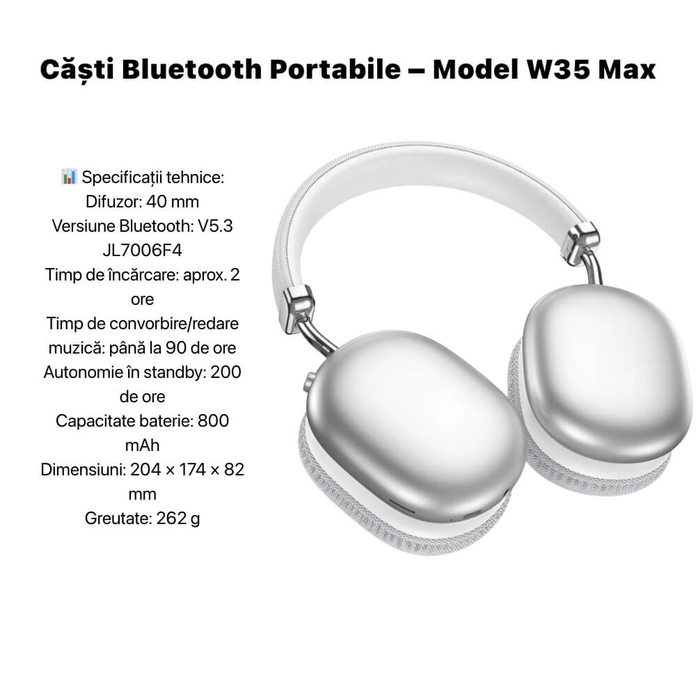 Casti Wireless Stereo Headphones On Ear W35 Comfortable 90H , Bluetooth, Digital Kala, GRI