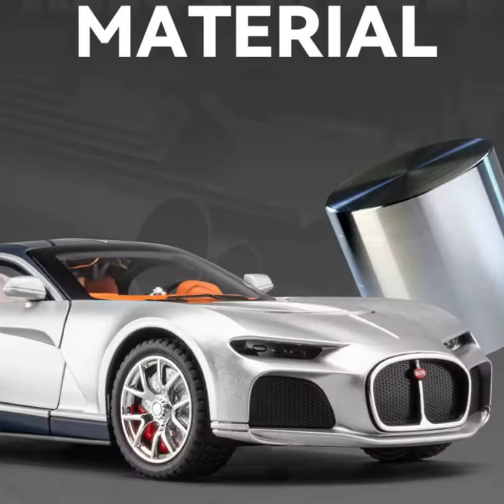 Masinuta Metalica de Colectie tip Bugatti, Scara 1:32, Usi Mobile tip Fluture, Include 2 Mini-Valize, Argintiu/Negru