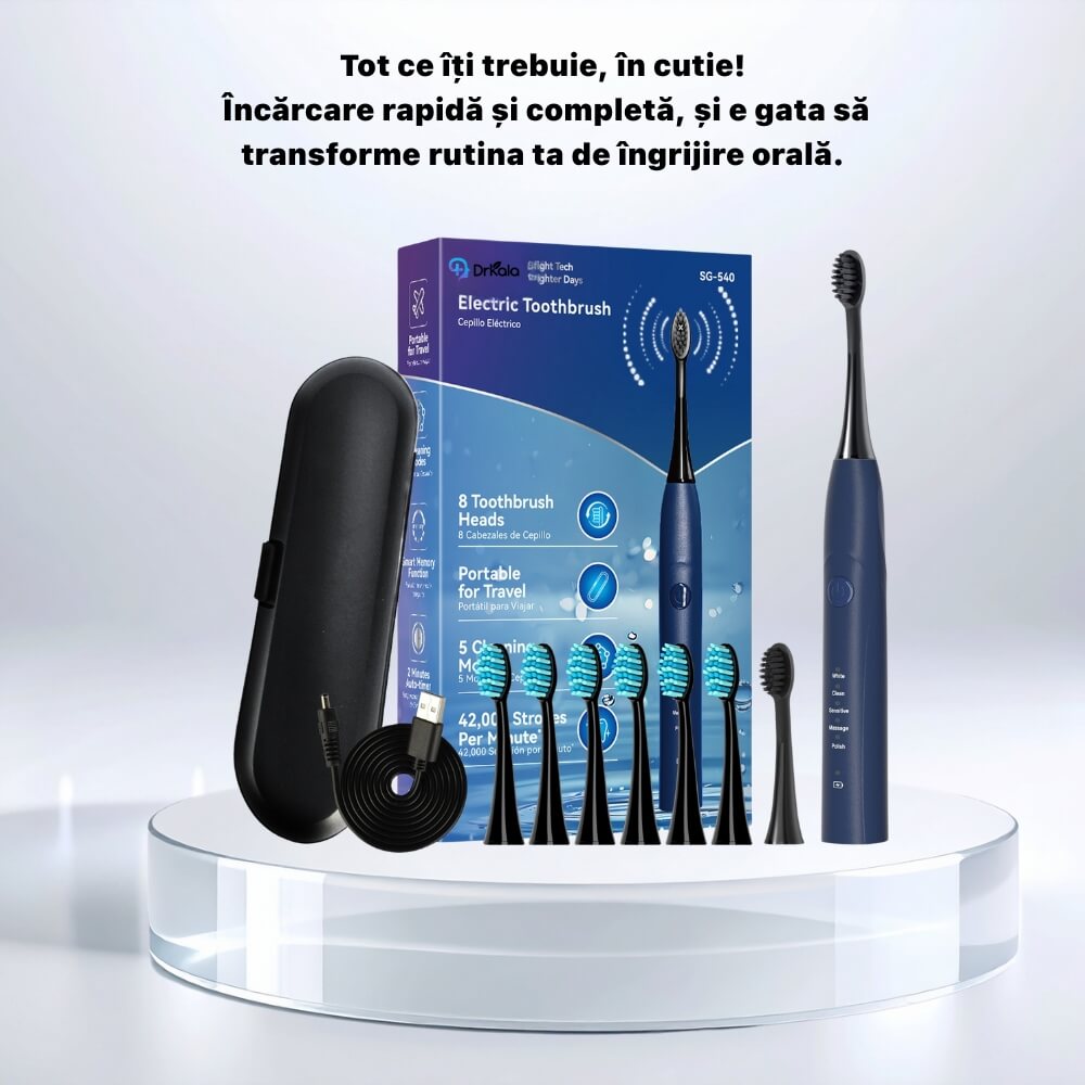 Periuta de dinti electrica, sonica, DrKala SG-540, Cu Carbune activ pentru albire, 5 Moduri, 8 Capete, pana la 42.000 vibrații/min, IPX7