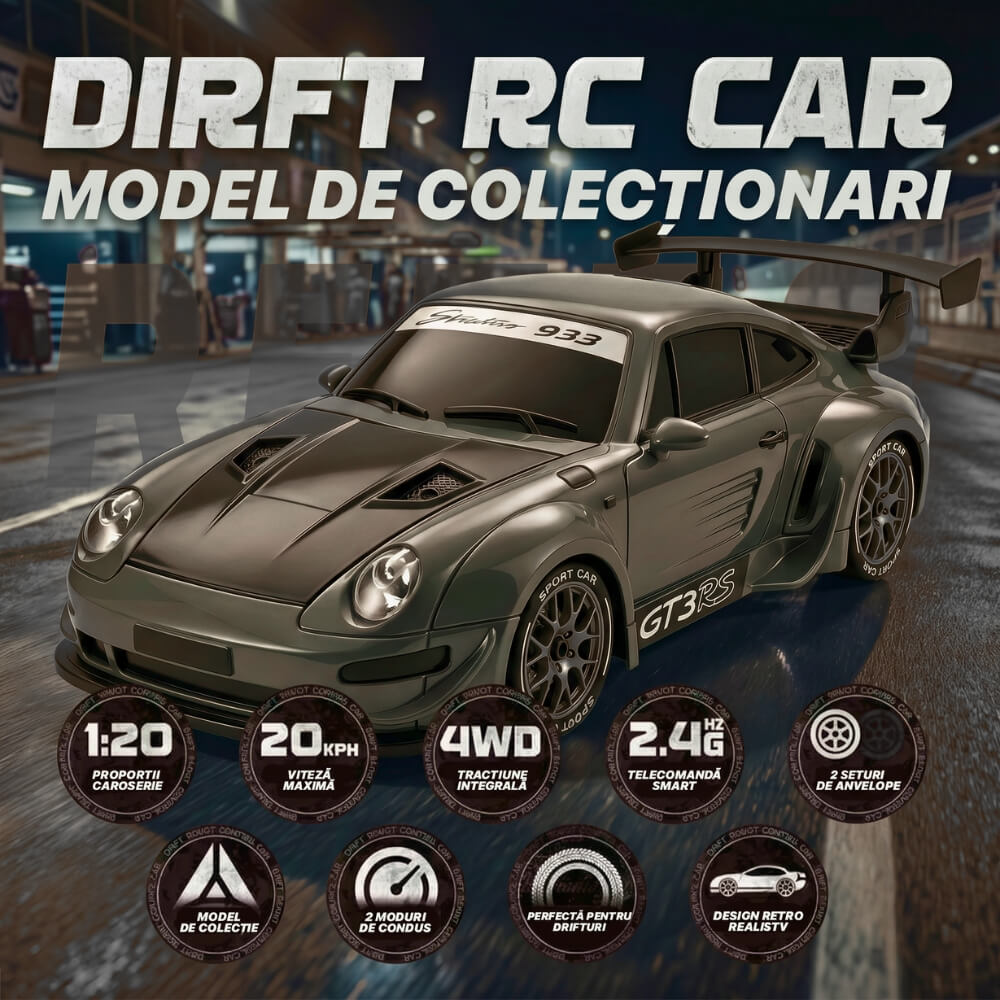 Masina cu Telecomanda RC Drift 4WD ,Scara 1:20, Tip 911 GTS, 20 km/h, 2.4GHz, 2 Seturi Anvelope Drift & Racing, Obstacole Incluse, Gri Metalizat