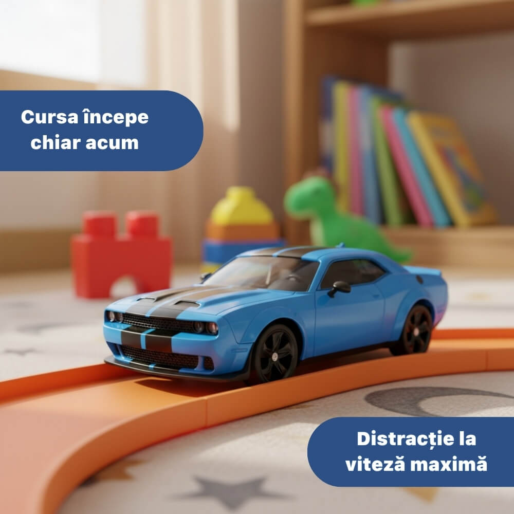 Masinuta cu Telecomanda, RC Drift Car, 1:24, 2.4GHz, Tractiune Integrala, 2 Seturi Anvelope (Speed & Drift), Obstacole Incluse, Baterie Reincarcabila, Albastru