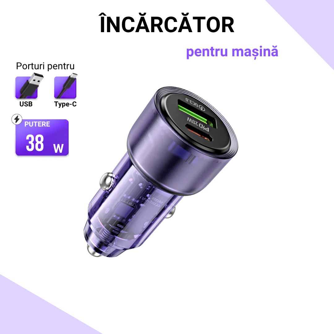 Incarcator Auto Fast Charge 38W, Dual Port USB si Type-C (PD 20W + QC 3.0), Design Transparent, Compatibil Telefon, Tableta, Laptop, Mov