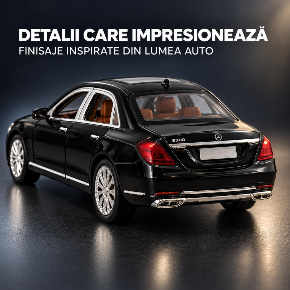 Macheta Masina Metalica Limuzina de Lux Mercedes E-Class L, Scara 1:24, Lumini LED si Sunete, Mecanism Pull-Back, Usi, Capota si Portbagaj Care Se Deschid