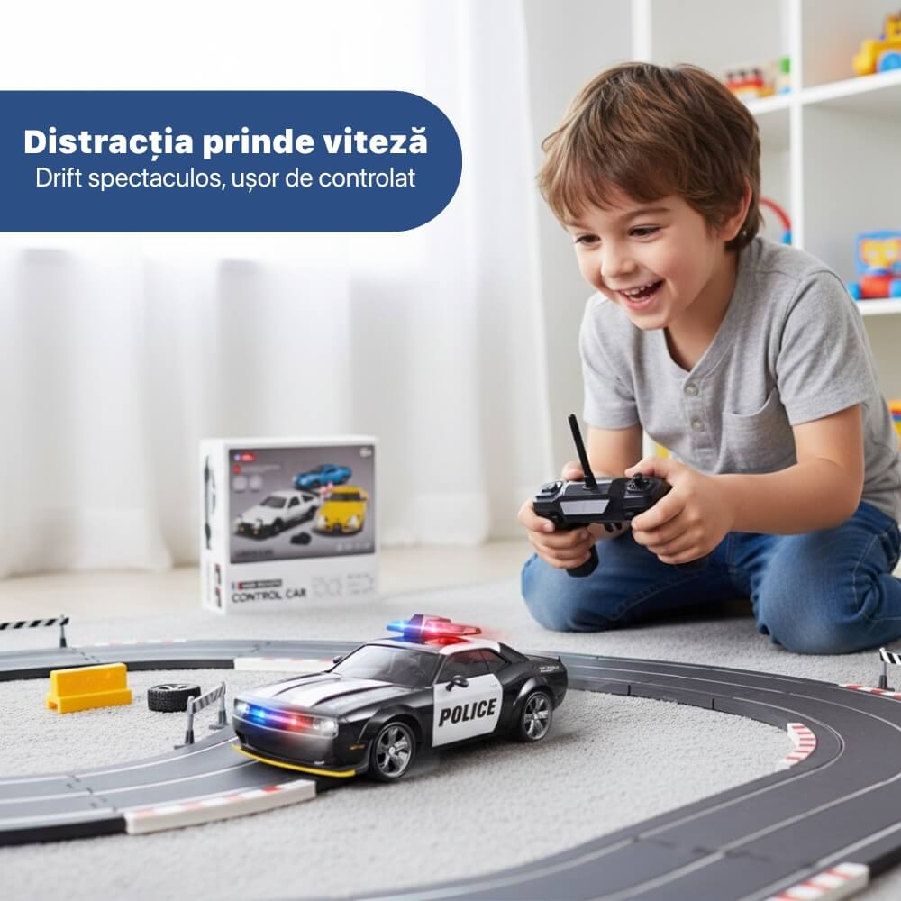 Masinuta cu Telecomanda, RC Drift Police Car, 1:24, 2.4GHz, Tractiune Integrala, 2 Seturi Anvelope (Speed & Drift), Obstacole Incluse, Baterie Reincarcabila, Jucarie Cadou Ideal pentru Copii si Adulti, Negru