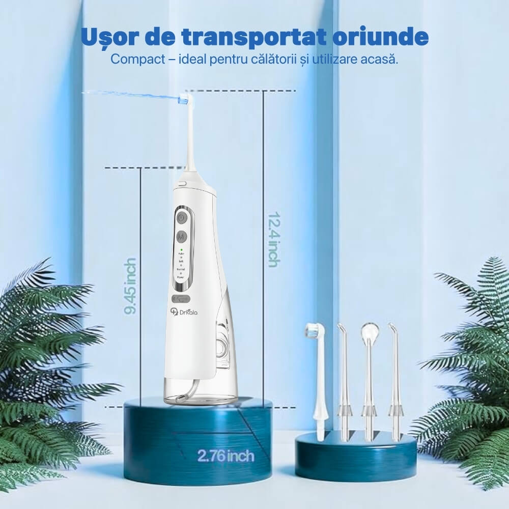 Irigator Bucal Profesional, DrKala®, Dus Bucal Portabil, 1600-1999 pulsatii/min, 4 Moduri, Memorie, Rezervor 310ml, 4 Duze, Alb