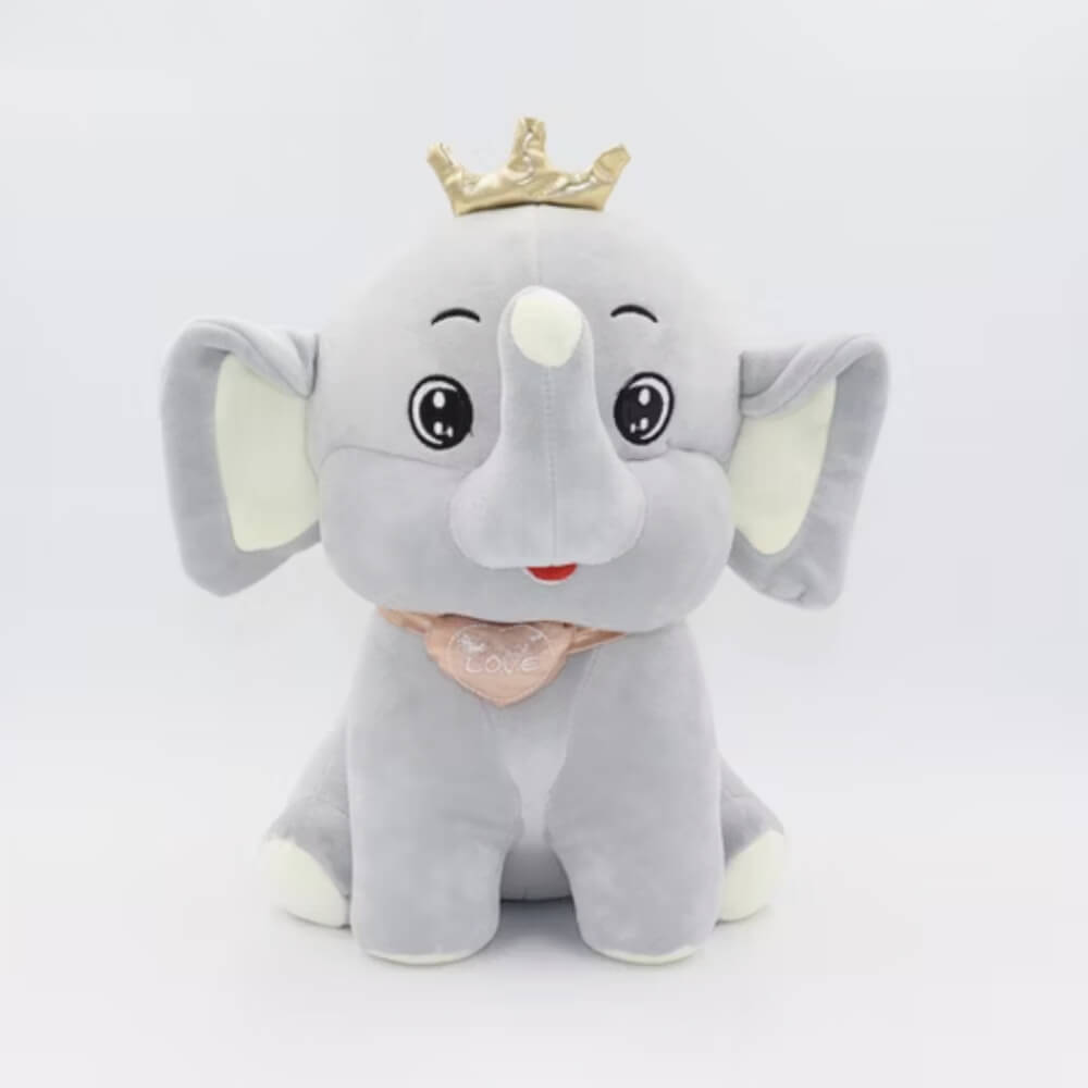 Jucărie de pluș premium Elefant gri cu inimioară și coroniță, moale și pufoasă, 30 cm, Gri