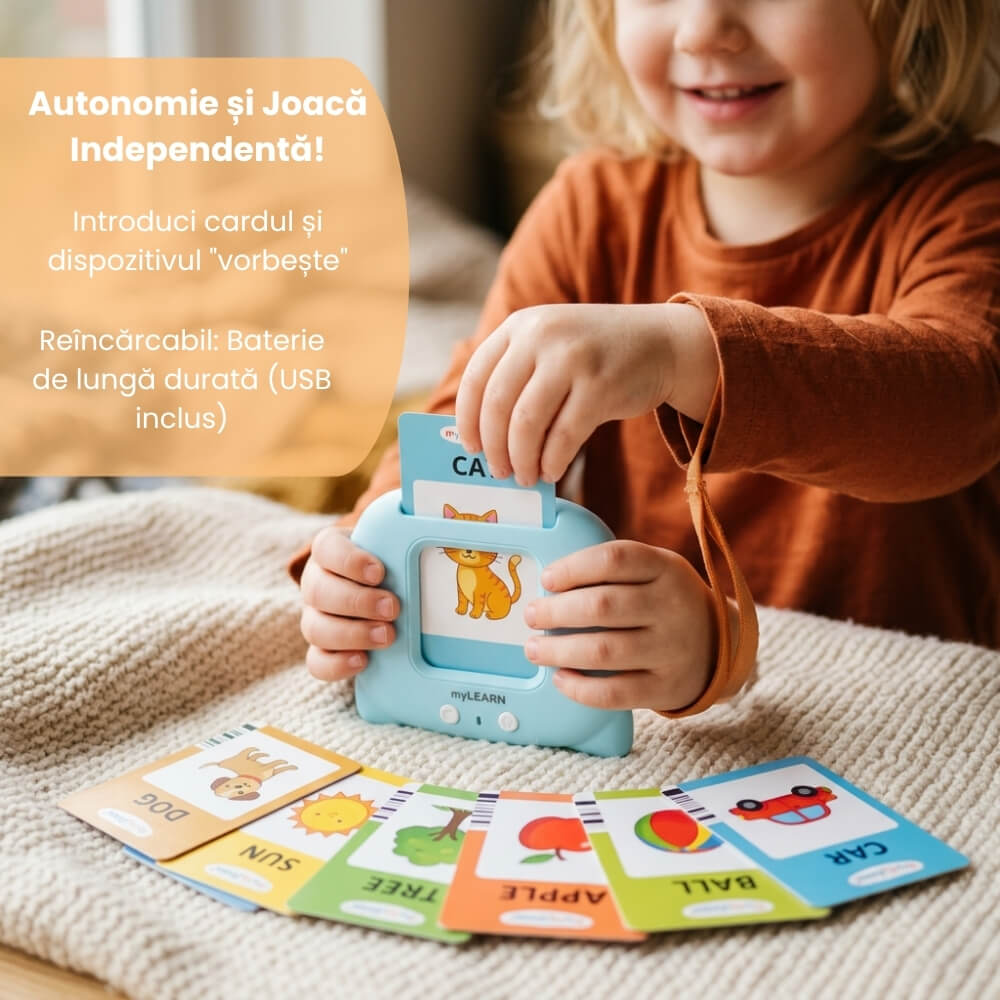 Jucarie Educativa Interactiva pentru Copii, Cititor Carduri cu 224 Cuvinte in Engleza, Invatare prin Joaca, Vocabular, Animale, Fructe, Masini, Reincarcabil USB, Albastru / Roz