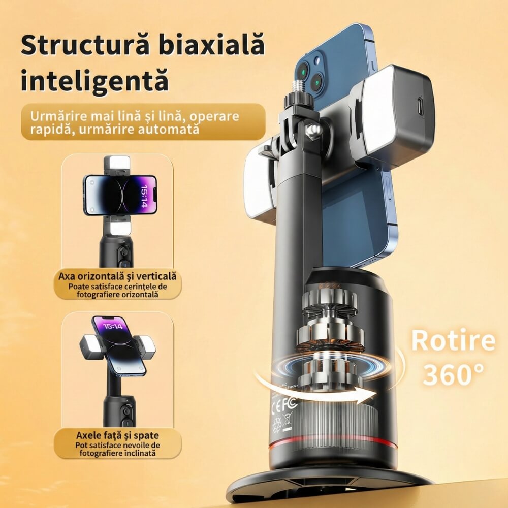 Suport Telefon Gimbal AI cu Urmarire Faciala Automata, Rotire 360, Lumini LED Fill Light, Bluetooth 5.2, Stabilizator Vlog & TikTok, Negru