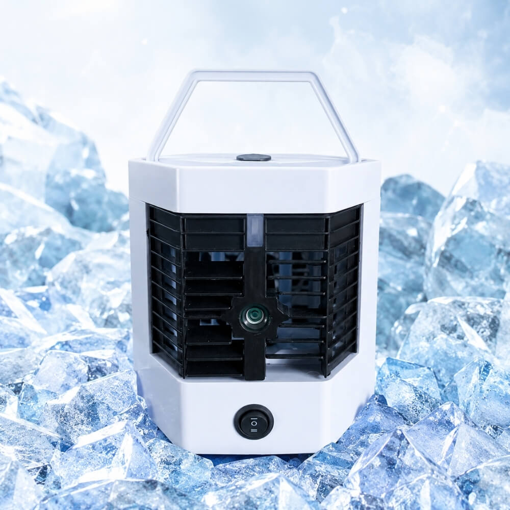 Mini Aer Conditionat Portabil USB, Racitor de Aer cu Rezervor de Apa, 2 Trepte de Viteza, Silentios, LED Ambiental, Include 2 Rezerve de Gheata si Cablu de Incarcare, Alb